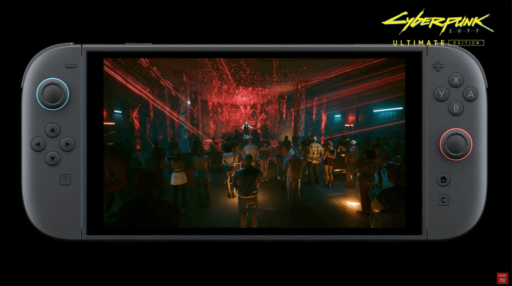 Na imagem, um Nintendo Switch 2 mostrando o jogo Cyberpunk 2077 Ultimate Edition.
