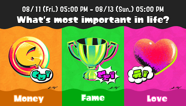 Splatoon 3 (Switch) anuncia Splatfest com tema Dinheiro x Fama x Amor